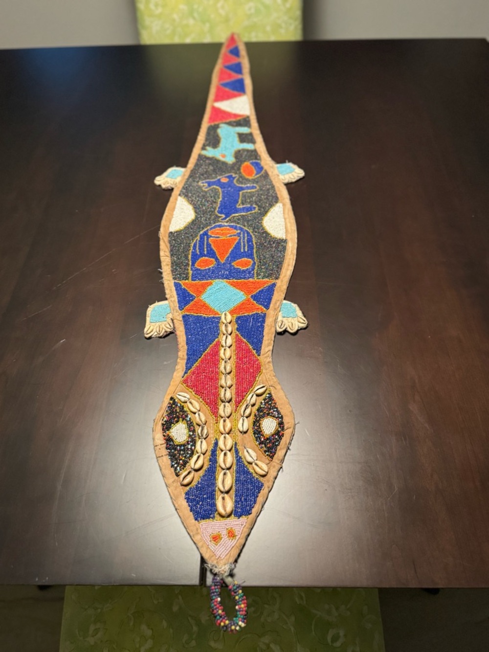 Handmade Beaded Tribal Alligator Wall Hanging - Blue, Red, Turquoise